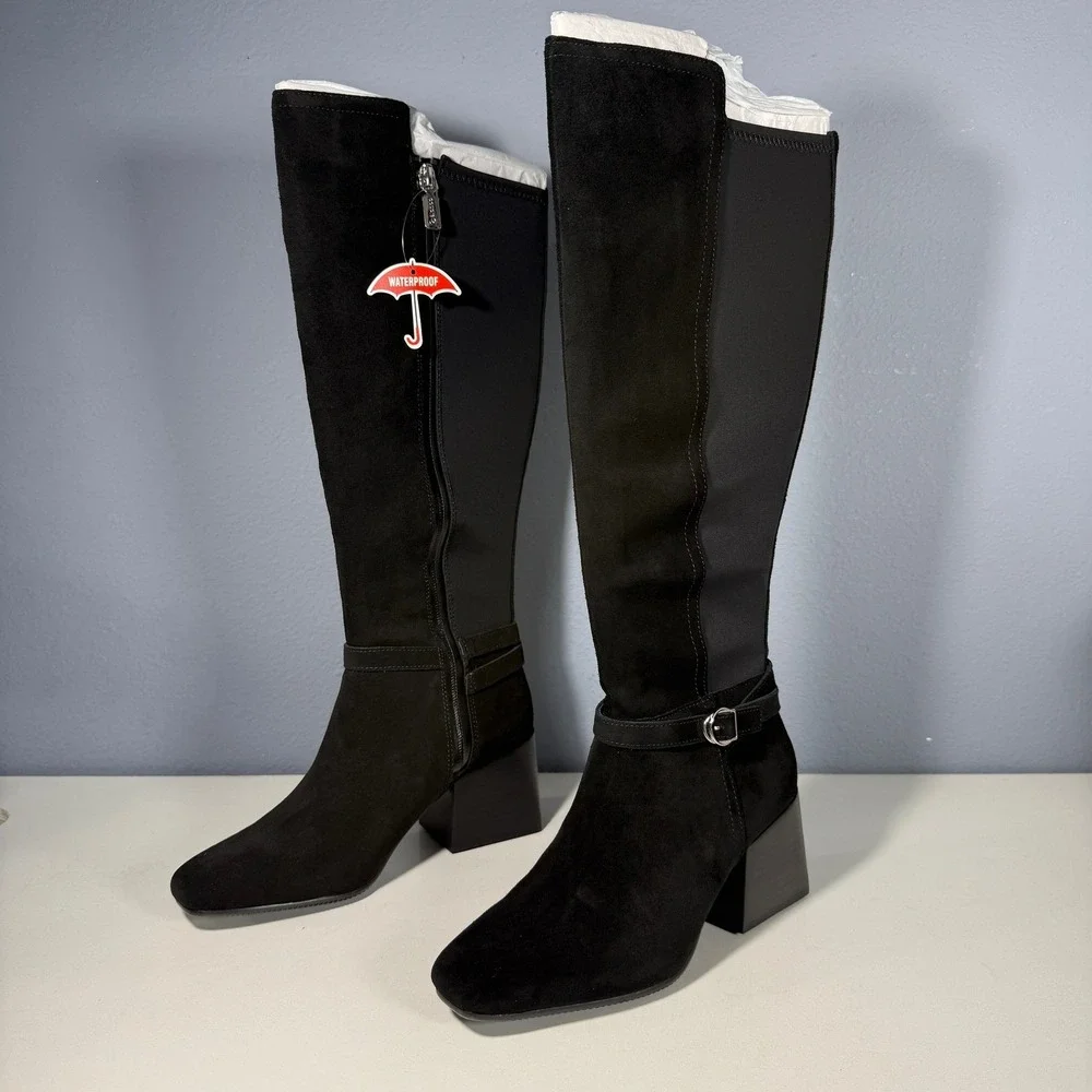 Blondo‎ Twyla Black Suede Waterproof Tall Boots Block Heel Womens 8.5 M New